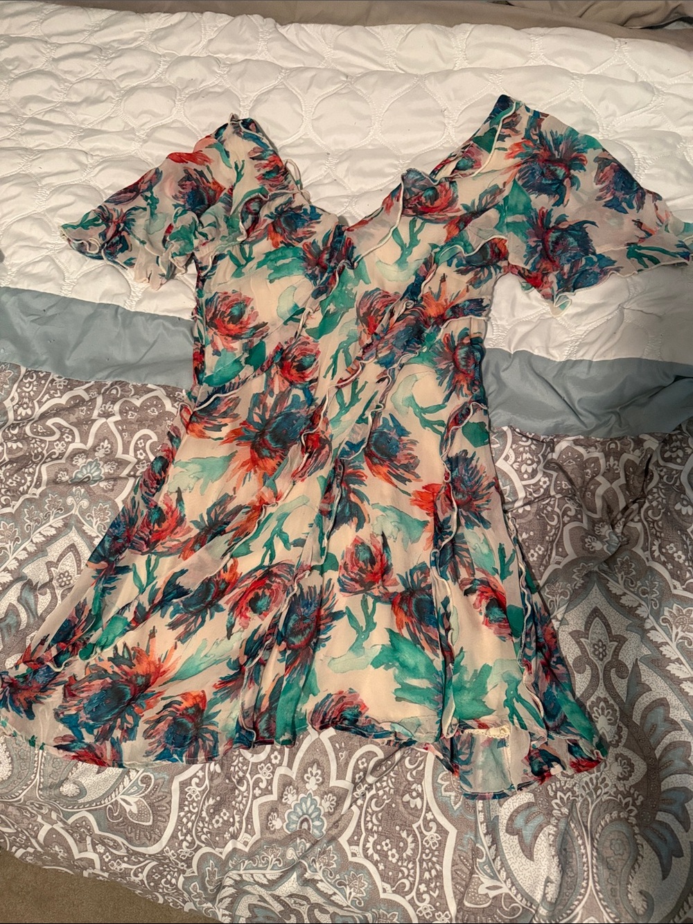 Anthropologie Cream Mini Dress with Teal & Coral Floral Print